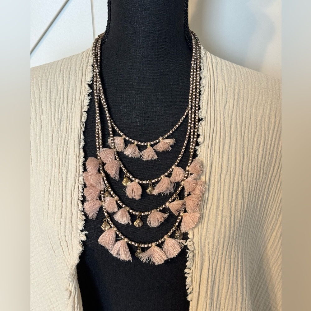 Dusty rose tassel and bead multi strand necklace